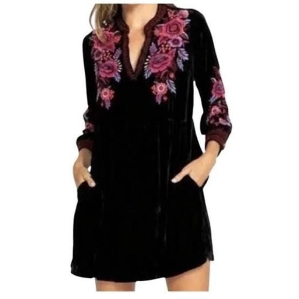 Johnny Was Marcella Embroidered Boho Silk Blend Velvet V-Neck Dress Black M